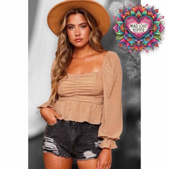 Peach Love Taupe Swiss Dot Ruched Bust Ruffle Hem Long Sleeve Smocked Blouse - Picture 5 of 7